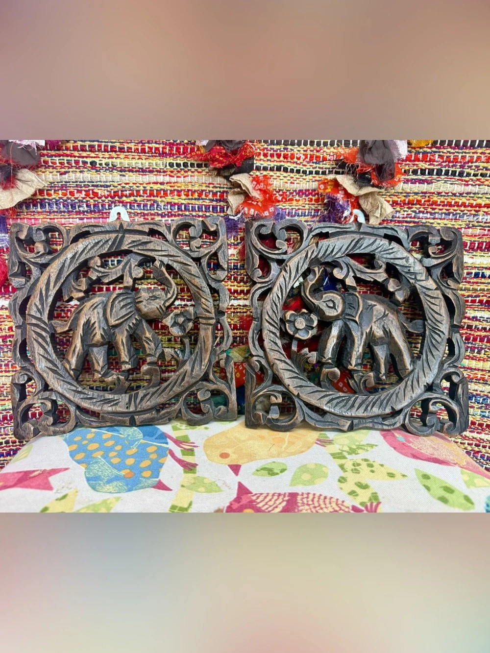 Hand-Carved Elephant Wall Plaques in Dark Brown - Decorative Wood Pair Thailand
